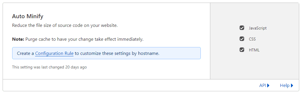 Cloudflare Speed Auto Minify Options
