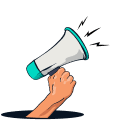 A hand emerges from a hole holding a megaphone, with sound lines indicating it is making noise. The background is transparent.