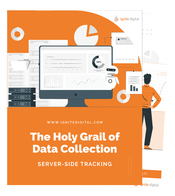 An illustrated cover titled The Holy Grail of Data Collection: Server-Side Tracking features a computer screen with data graphs, a man looking at charts, and orange accents. The website ignite2026.myinternalworking.com is displayed.