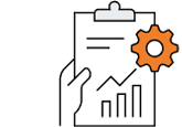 A hand holding a clipboard with a graph and bar chart, next to an orange gear, symbolizing data analysis and process optimization.