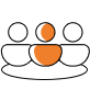Simple line drawing of three people sitting together in a semicircle, with the center figure highlighted in orange.
