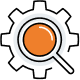 Icon of a white gear with a black outline, featuring an orange circle in the center. A magnifying glass overlaps the gear, with its lens highlighting the orange circle.